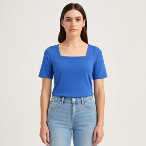 Akris Punto Square Neck‎ Short Sleeve Cotton Shirt Blue Size 8